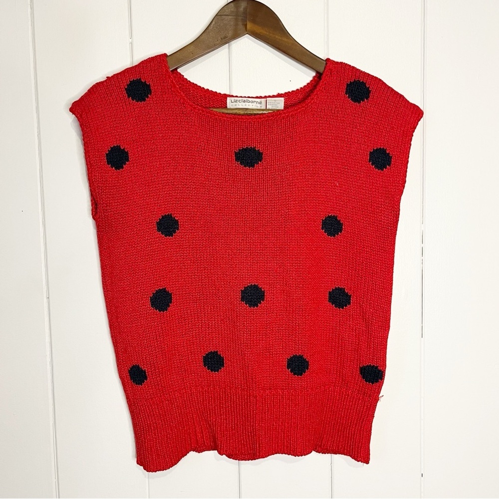 Vintage Liz Claiborne Silk Blend Red and Black Polka Dot Sweater Vest.